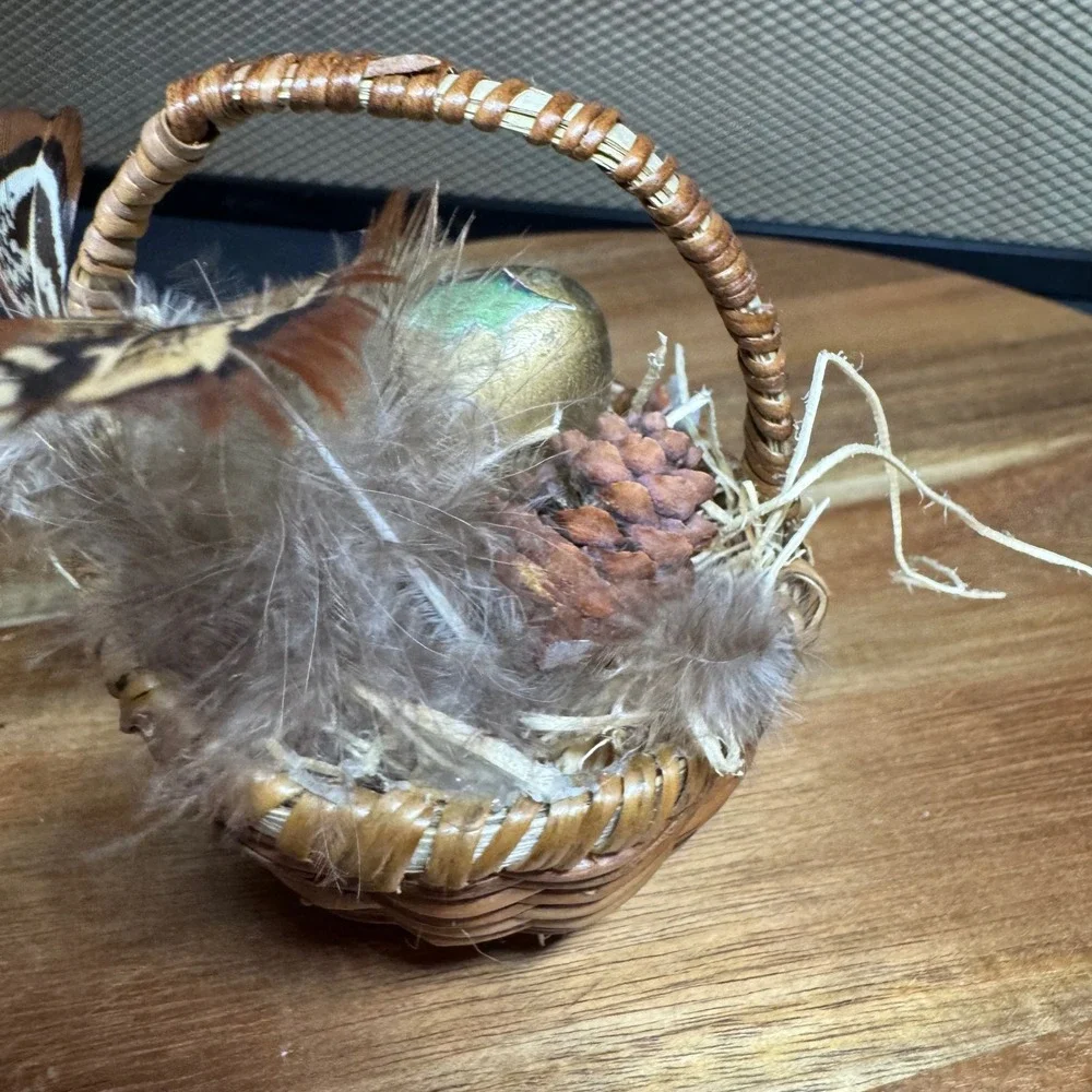 Vintage Hand Painted Gold Holly Egg in Miniature Wicker Basket with Feathers